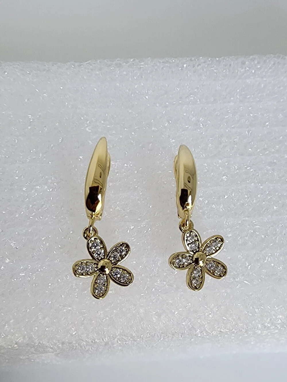 Gold Plated Flower Drop Hoop Earrings CZ Dainty Floral Dangle Earrings